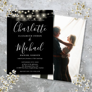 Invitation Guirlande Lumineuse Noir Blanc Script Photo Mariag