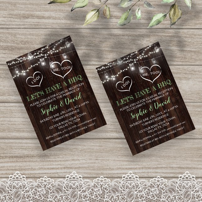 Invitation Guirlande lumineuse pot mason chic vieux barbecue  (I do bbq wedding invitation, string lights, wood, modern trendy wedding typography)
