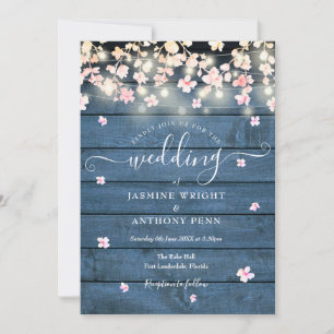 Invitation Guirlande Lumineuse Rustique Bleu Bois Fleur Maria