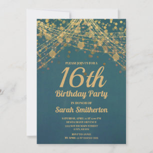 Invitation Guirlande lumineuse sarcelle et or pour un anniver