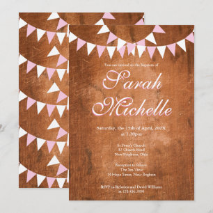 Invitation Guirlande Rose Rustique Vintage Baptême