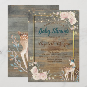 Invitation Guirlandes de cerfs, Baby shower floral en bois