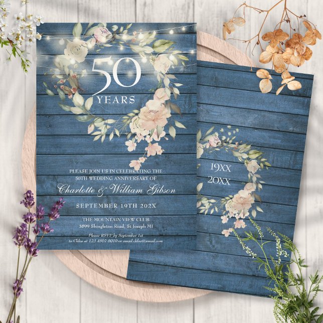 Invitation Guirlandes lumineuses en bois bleu 50 ans (Blue Wood String Lights Floral 50th Anniversary Invitation)