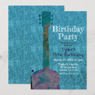 Invitation Guitare Aquarelle Bleue Fête d'anniversaire Musica
