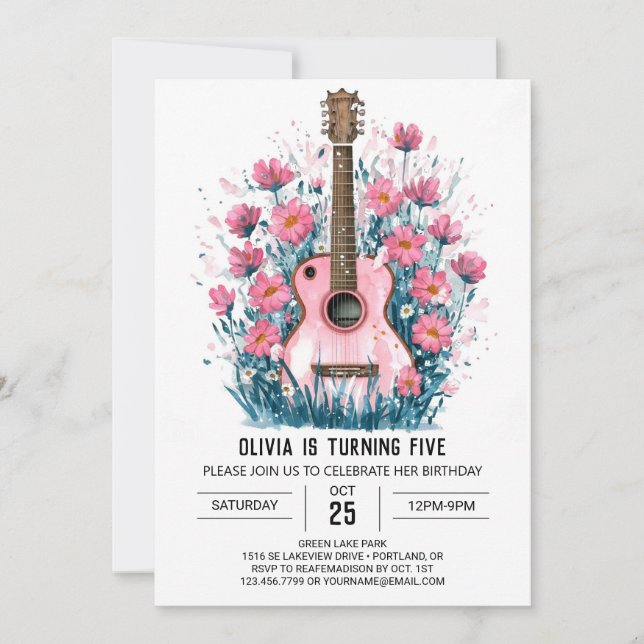 Invitation Guitare fleur sauvage et Chords Anniversaire (Devant)
