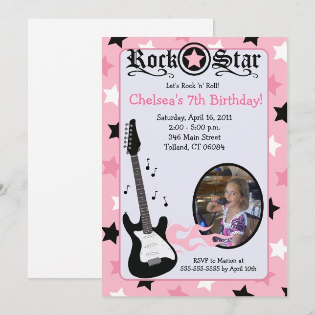 Invitation Guitare Rose Rock Star *PHOTO* Anniversaire 5x7 (Devant / Derrière)