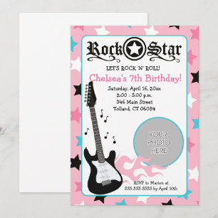Invitation Guitare Rose Rock Star *PHOTO* Anniversaire 5x7