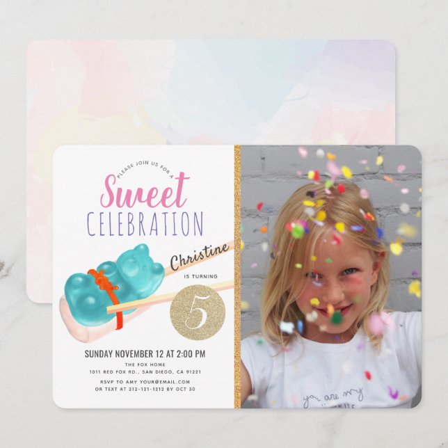 Invitation Gummy Bear Candy Sushi Party Fille Photo Anniversa (Devant / Derrière)