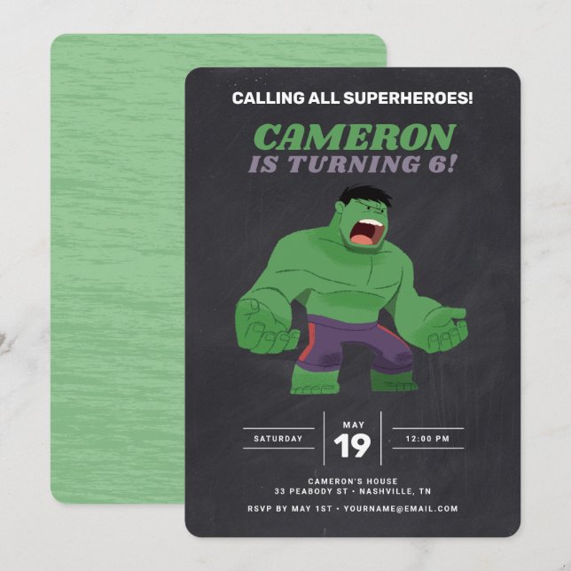 Invitation Guri Hiru Incroyable Hulk Chalkboard Anniversaire (Devant / Derrière)
