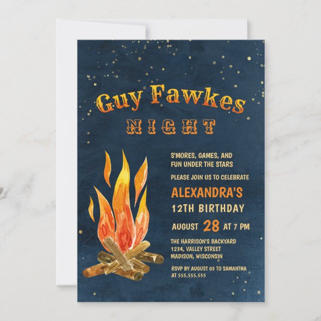 Invitation Guy Fawkes Fête de nuit Feu de feu d'artifice Anni (Devant)