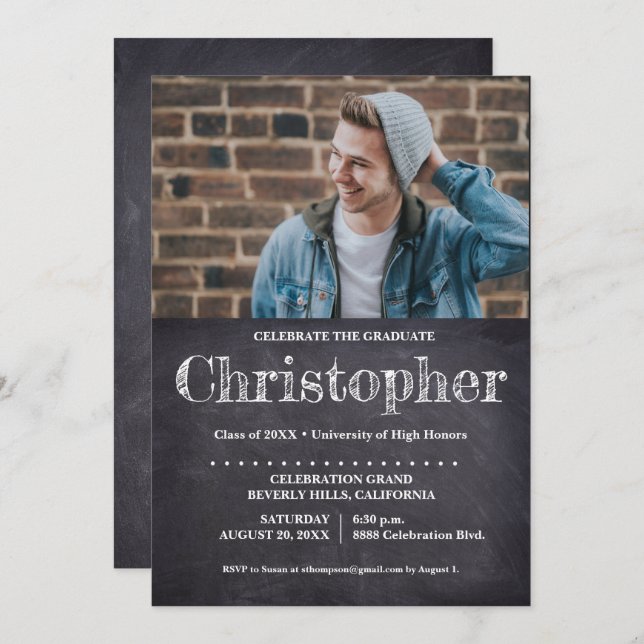 Invitation Guy Graduation Party Photo Chalkboard (Devant / Derrière)