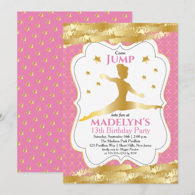 Invitation Gymnaste rose | Gold Stars Girl Birthday Party (Devant / Derrière)