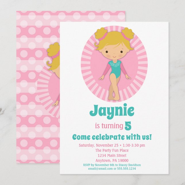 Invitation Gymnastique - Blonde Gymnast Pink Anniversaire Par (Devant / Derrière)
