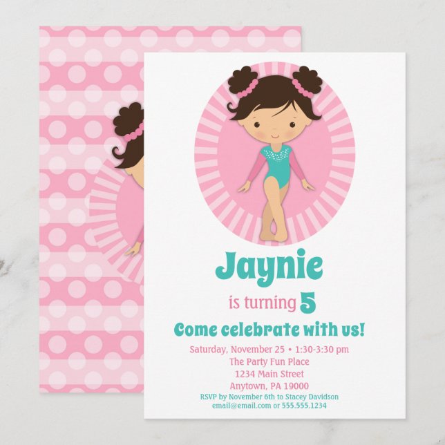 Invitation Gymnastique - Brunette Gymnast Pink Anniversaire (Devant / Derrière)