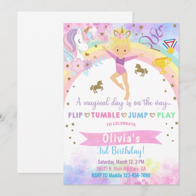 Invitation Gymnastique de la tête de licorne blonde anniversa (Devant / Derrière)