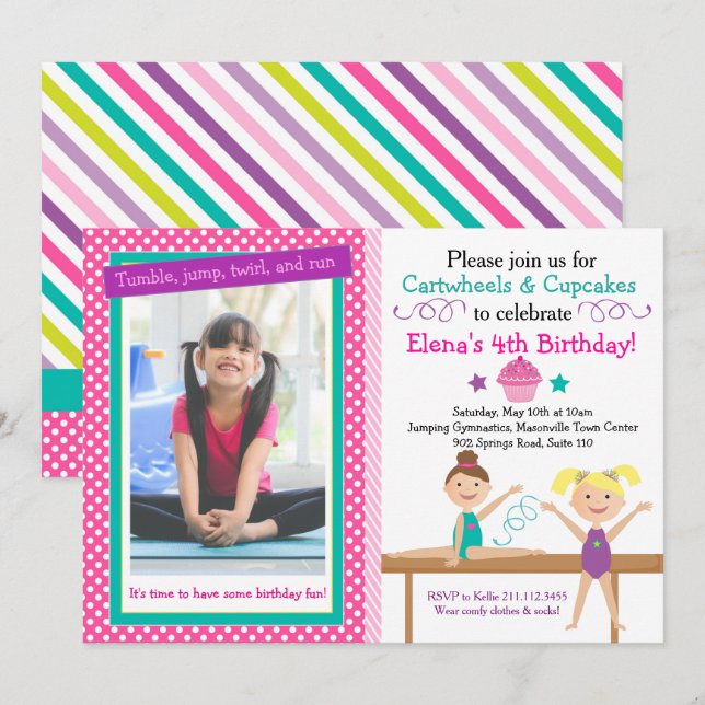 Invitation Gymnastique des roues et des cupcakes Anniversaire (Devant / Derrière)