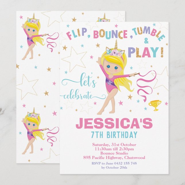 Invitation Gymnastique Fête d'anniversaire Unicorn Blonde Gir (Devant / Derrière)