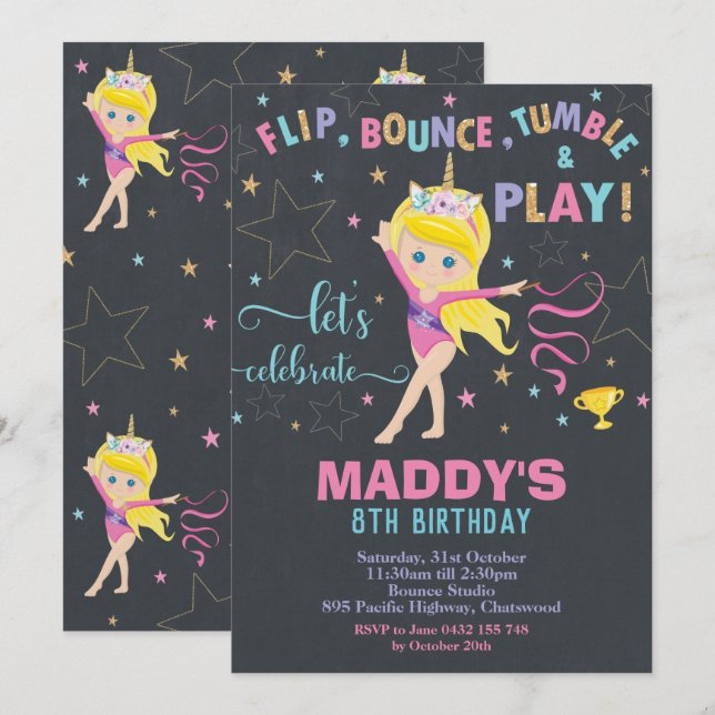 Invitation Gymnastique fête d'anniversaire Unicorn Blonde Gir (Devant / Derrière)