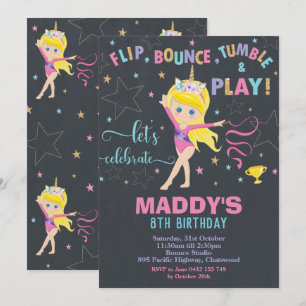 Invitation Gymnastique fête d'anniversaire Unicorn Blonde Gir