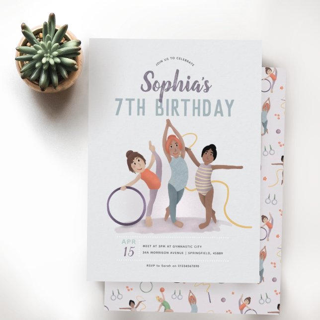 Invitation Gymnastique mignonne violette 7e anniversaire (Créateur téléchargé)