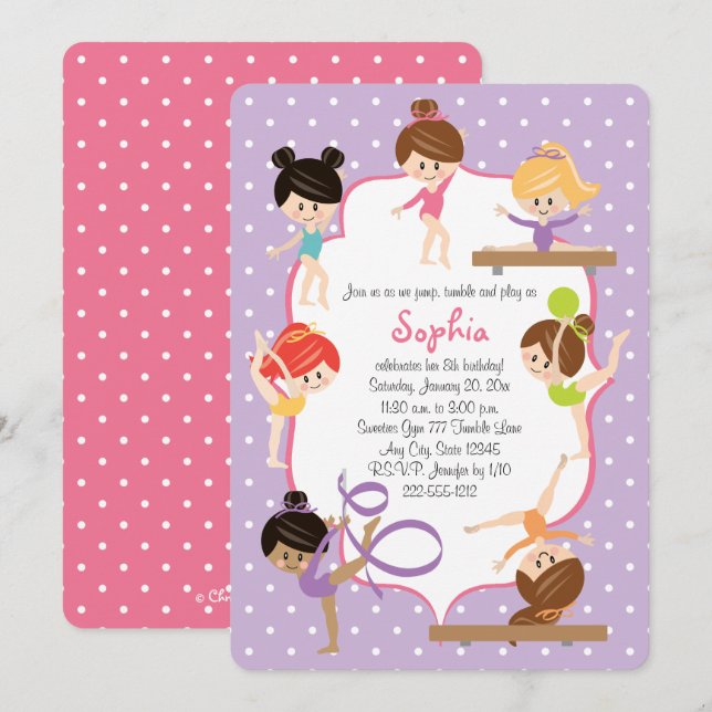 Invitation Gymnastique personnalisée mignonne fête d'annivers (Devant / Derrière)