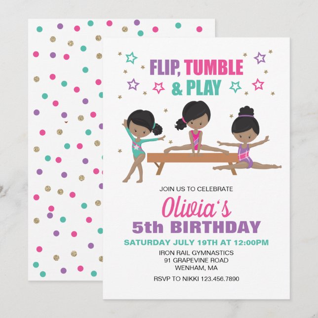 Invitation Gymnastique Retourner Tumble & Jouer Anniversaire (Devant / Derrière)