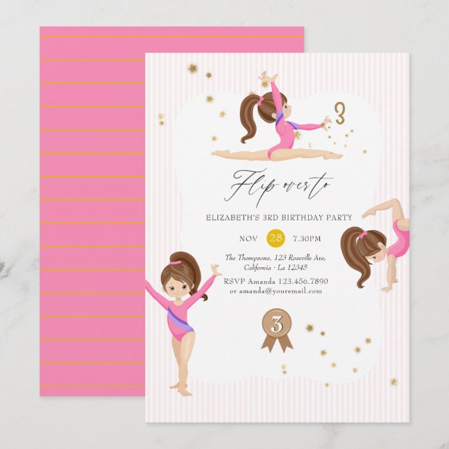 Invitation Gymnastique rose et or 3e fête d'anniversaire (Devant / Derrière)