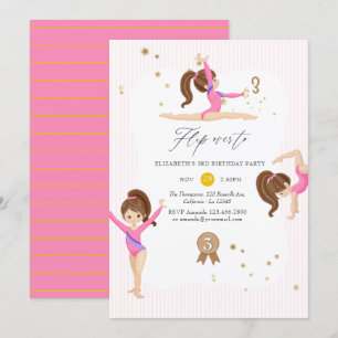 Invitation Gymnastique rose et or 3e fête d'anniversaire