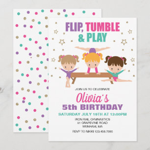 Invitation Gymnastique rose violet turquoise fille Anniversai