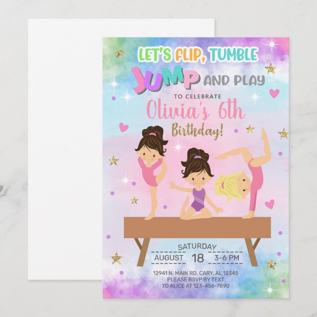 Invitation Gymnastique tonger saut et jouer anniversaire fill (Devant / Derrière)