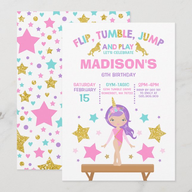 Invitation Gymnastique Unicorne Gymnastique Party (Devant / Derrière)