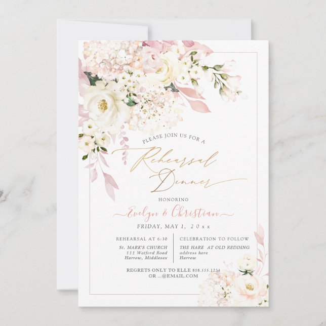 Invitation H2 Blush Hydrangea Crème Dîner de répétition Roses (Devant)