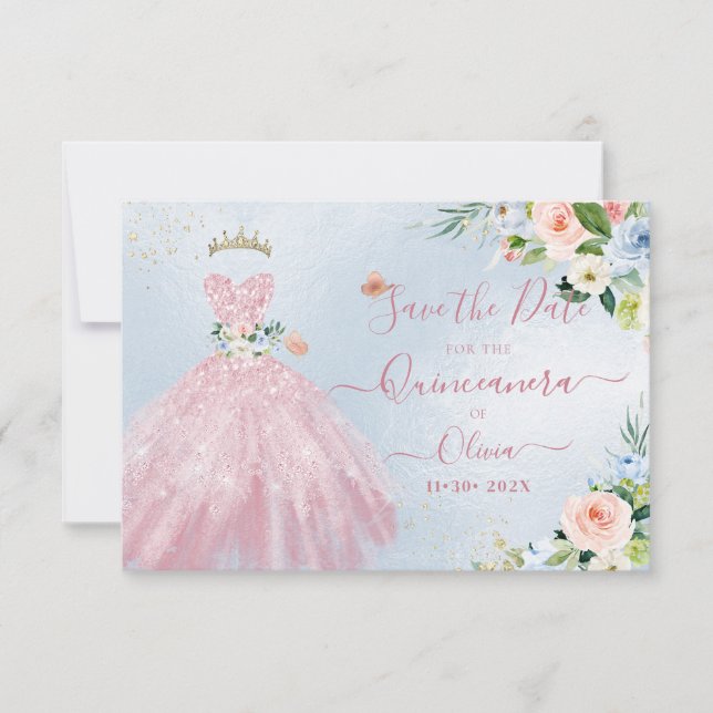 Invitation H2 Robe rose mousseuse Quinceanera Date de sauvega (Devant)
