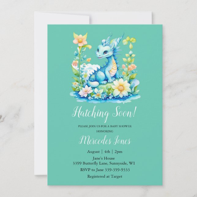 Invitation Hachage Floral Dragon Bleu Bientôt Baby shower (Devant)