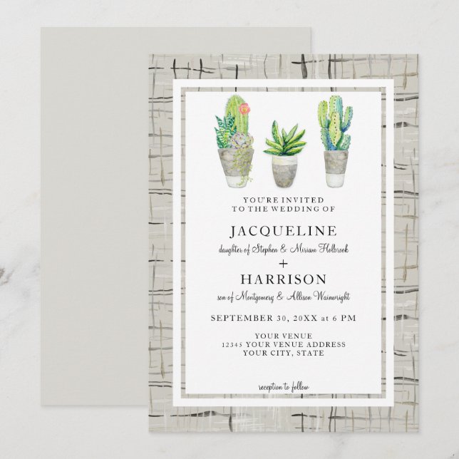 Invitation Hacienda Style Cactus Cour en Mariage gris (Devant / Derrière)