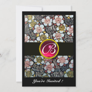 INVITATION HAIKU/PRINTEMPS FLEURS, ROSE FUCHSIA RUBIS MONOGRA