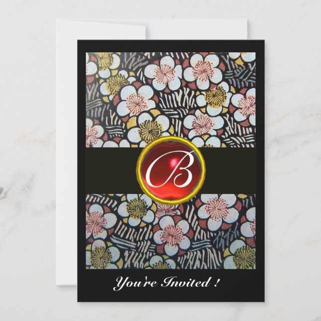 Invitation HAIKU ROUGE RUBIS MONOGRAMME blanc marron noir (Devant)