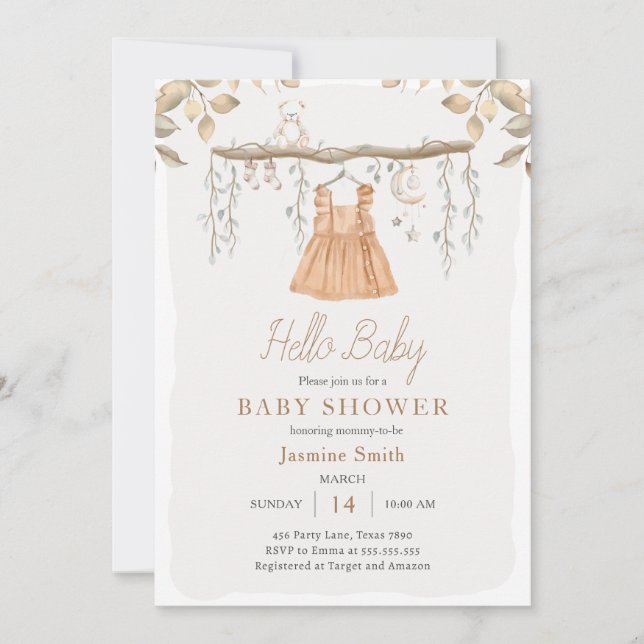 Invitation Hallo Vêtements bébé fille Baby shower bohème (Devant)