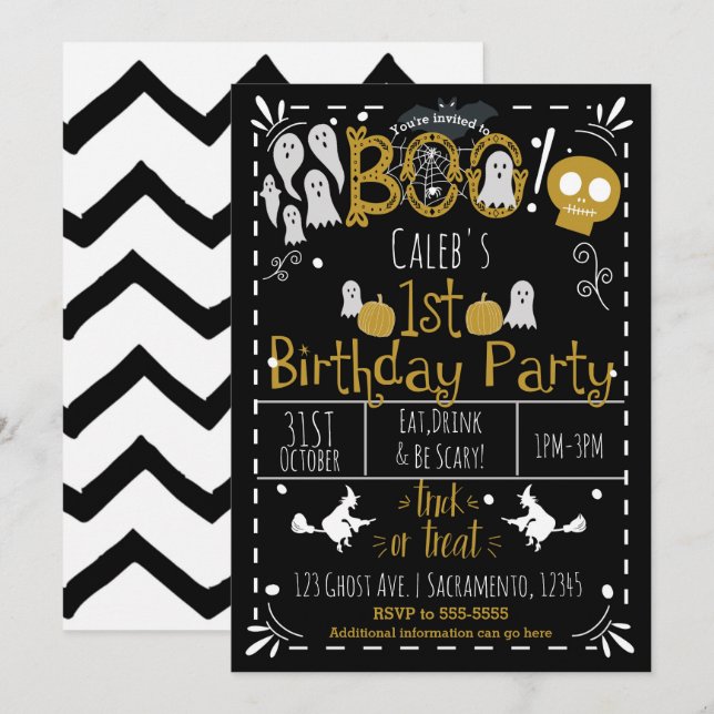 Invitation Halloween 1st Anniversaire fête moderne Whimsical (Devant / Derrière)