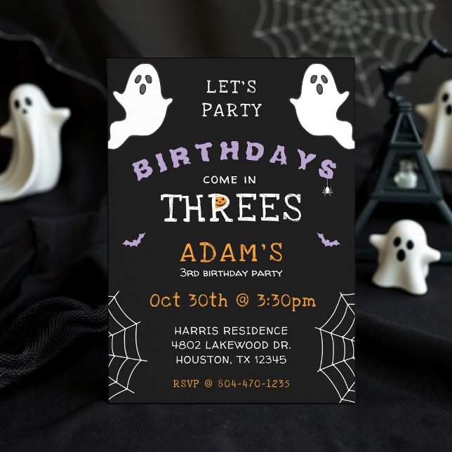 Invitation Halloween 3e anniversaire Venez en trois fantômes  (Halloween 3rd Birthday Threes Ghost Gothic Invitation
)