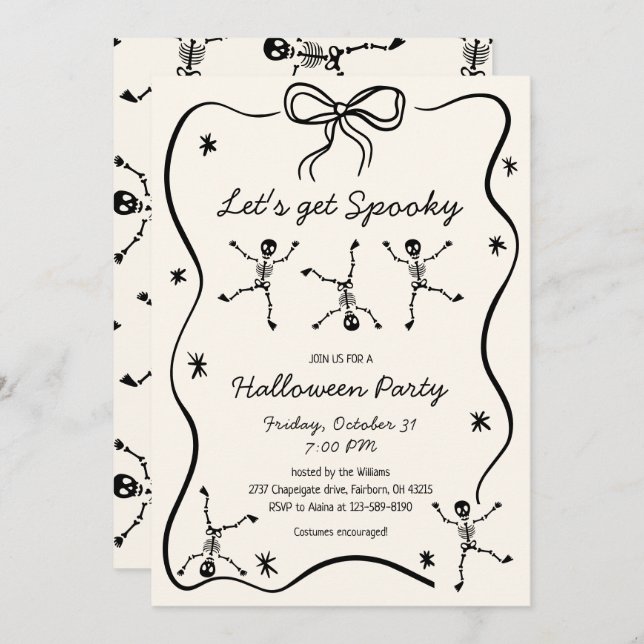 Invitation Halloween à la main de Whimsical Drake Skeleton Bo (Devant / Derrière)