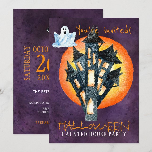 Invitation Halloween à la mode aquarelle hantée maison fête (Devant / Derrière)