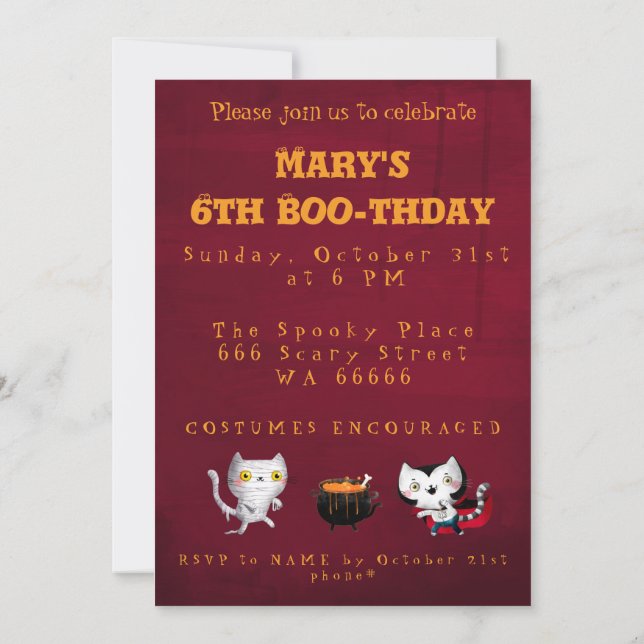Invitation Halloween Anniversaire Chats de sorcière Bat Vampi (Dos)