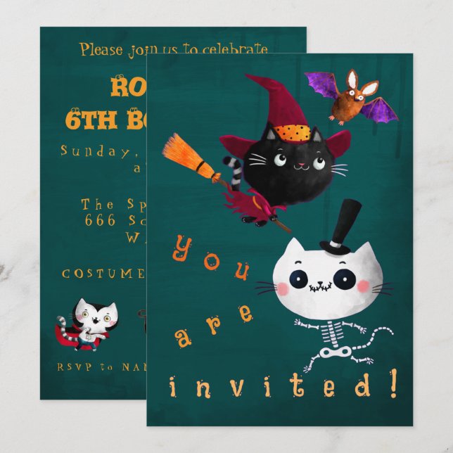 Invitation Halloween Anniversaire Chats de Sorcière Chat Vamp (Devant / Derrière)
