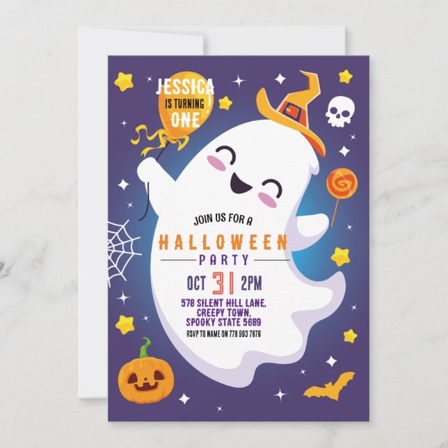 Invitation Halloween Anniversaire Fantôme Happy Fun Cute 1er (Devant)