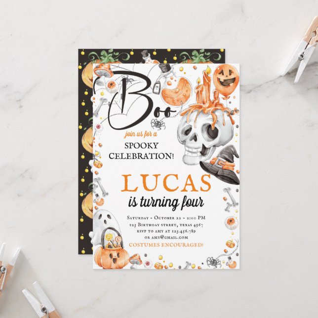 Invitation Halloween Anniversaire Noir Orange (Devant/Arrière en situation)