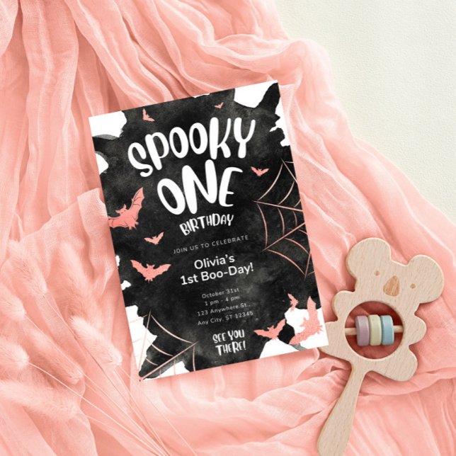 Invitation Halloween Anniversaire Rose Chauve-Sour (Spooky One Invitation Halloween Birthday Template,EDITABLE Black Pink Cute Bats First Birthday Invit)