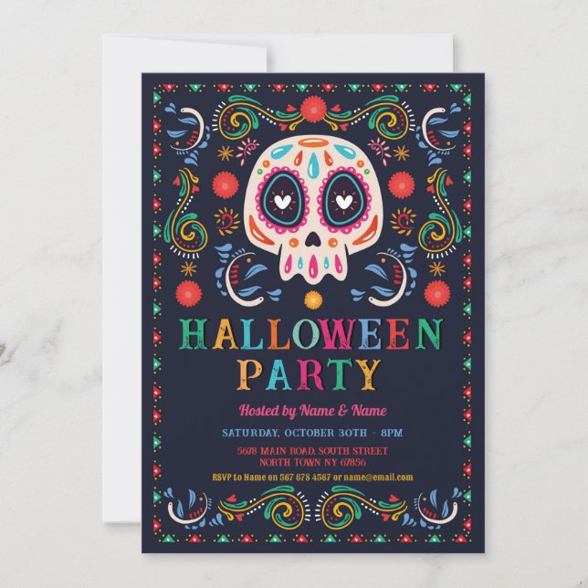 Invitation Halloween Anniversaire Sugar Skull Fiesta Mexicain (Devant)