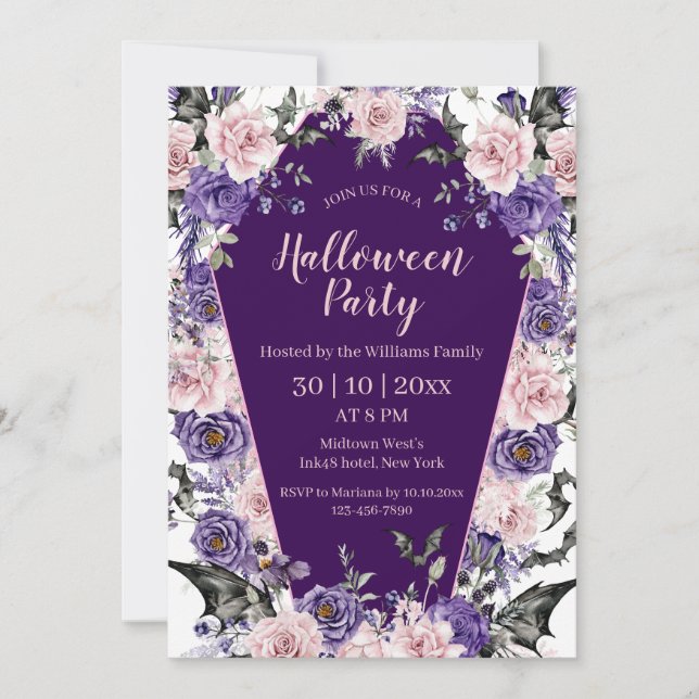 Invitation halloween aquarelle florale violet chic parti (Devant)