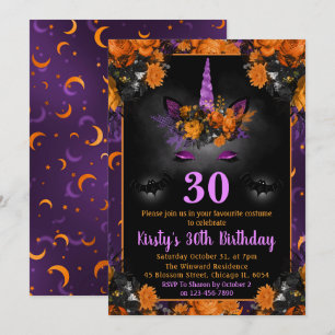 Invitation Halloween Automne Floral Unicorn Visage Anniversai